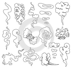 Cartoon smoke and dust clouds. Comic puff and steam vector set. Comic white stench aroma or smell illustration.