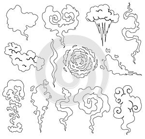 Cartoon smoke and dust clouds. Comic puff and steam vector set. Comic white stench aroma or smell illustration.