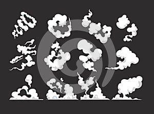 Cartoon smoke. Smoking car motion clouds cooking smog smell dust toxic blast vector isolated comic collection