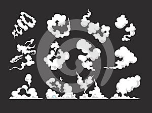 Cartoon smoke. Smoking car motion clouds cooking smog smell dust toxic blast vector isolated comic collection photo