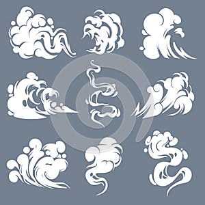 Cartoon smoke. Smoking steam clouds smells bad expired fire gas flash vapour aroma puff mist fog effects game shot photo