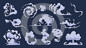 Cartoon smoke. Vfx comic bang clouds explosion of bomb speed storm motion wind vector art collection