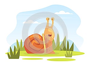 Cartoon Snail as Smiling Gastropod with Coiled Shell Crawling on Green Lawn Vector Illustration