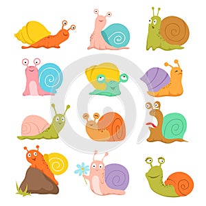 Cartoon snail. Cute slug, mollusk with shell and escargot. Funny animals vector characters