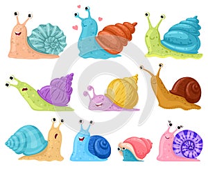 Cartoon snail. Garden snails mascots, cute little gastropods in colourful snail shells cartoon vector illustration set