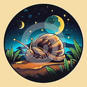 cartoon snail on the grass at night with the moon and stars in the background