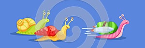 Cartoon snail race leader. Slow moving snails back turbo rocket fast accelerated happy snail. Advantage concept vector photo