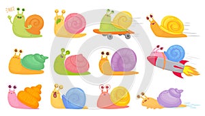 Cartoon snails. Slug on on startup rocket, skateboard and sleeping, yawning and fast vector kids characters set