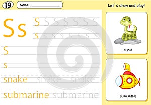 Cartoon snake and submarine. Alphabet tracing worksheet