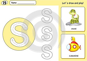 Cartoon snake and submarine. Alphabet tracing worksheet