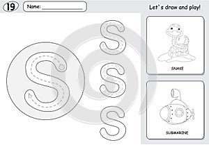 Cartoon snake and submarine. Alphabet tracing worksheet: writing