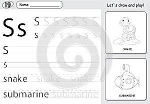 Cartoon snake and submarine. Alphabet tracing worksheet: writing