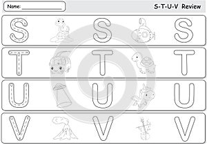 Cartoon snake, submarine, trolleybus, turtle, unicorn, ufo, volcano and violin. Alphabet tracing worksheet
