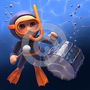 Cartoon snorkel diver playing the drums under the sea, 3d illustration