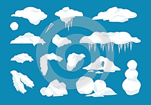 Cartoon snow caps. Frozen drips and icicles with snowballs and snow drifts, winter decoration frame elements. Vector set