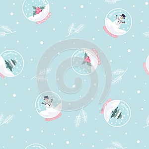 Cartoon Snow Globe Seamless Pattern on Blue Background.