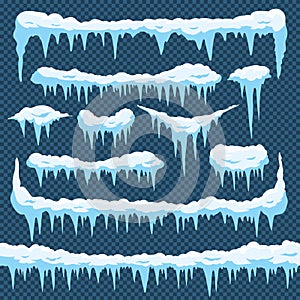 Cartoon snow icicles. Icicle ice with snowcap on top. Winter snowing borders for christmas cards design. Frost frames