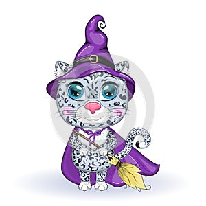 Cartoon snow leopard, leopard, akbars, irbis in purple witch hat and cloak. Halloween