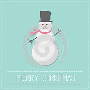 Cartoon Snowman with hat and scarf. Blue background. Dash line. Merry Christmas card. Flat design