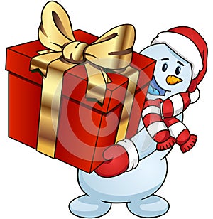 Cartoon snowman holding a gift Vector clip art illustration simple gradients photo