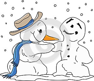 Cartoon snowman making himself a friend  out of snow vector illustration