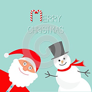 Cartoon Snowman and Santa Claus. Blue background. Candy cane. Merry Christmas card. Flat design