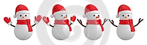 Cartoon snowman set with branch hands wearing in red scarf, mittens and Santa hat. 3D rendering.