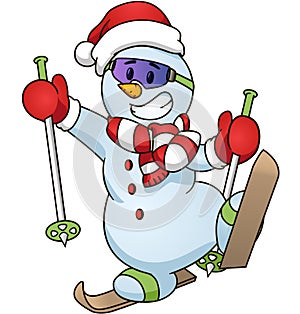 Cartoon snowman on skiing Vector clip art illustration simple gradients