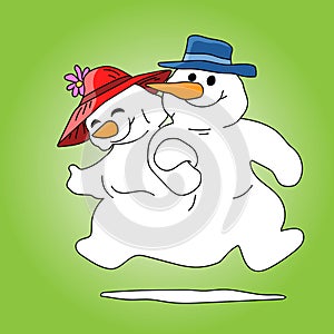 Cartoon snowman and snow woman walking hand in hand happily vector illustration