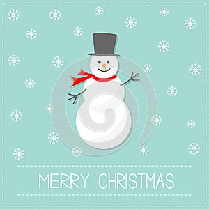 Cartoon Snowman and snowflakes. Blue background. Merry Christmas card Flat design