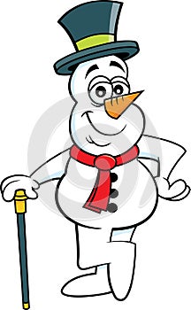 Cartoon snowman in a top hat leaning on a cane.