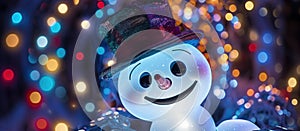 Cartoon snowman with top hat smiles in front of electric blue Christmas lights