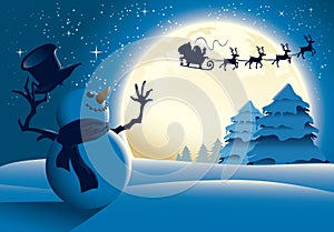 Cartoon Snowman Waving To Santa Sleigh - Blue photo