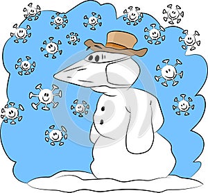 Cartoon Snowman wearing a protective mask against Corona Virus