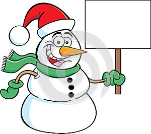 Cartoon snowman wearing a Santa hat and holding a sign.
