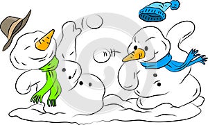 Cartoon snowmen wearing hats and scarf playing snowball outside enjoying winter vector illustration