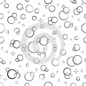 Cartoon soap bubbles seamless pattern. Effervescent oxygen bubbles, bath suds, fizzy soda or drink. Hand drawn vector