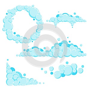 Cartoon soap foam set with bubbles. Light blue suds of bath, shampoo, shaving, mousse. Vector illustration
