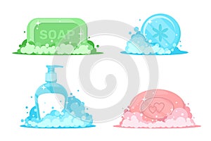 Cartoon soaps with foam. Liquid and lump detergent. Froth bubbles. Body washing. Skin care. Hand hygiene. Dispenser