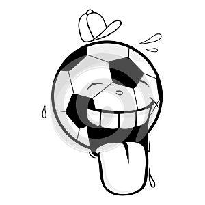 Cartoon soccer ball character. Funny cheering football sports cartoon with hat. Vector black and white coloring page.