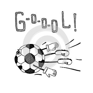 Cartoon soccer ball with a face, emotions, arms and legs flies into the goal net. Hand drawn doodle vector illustration