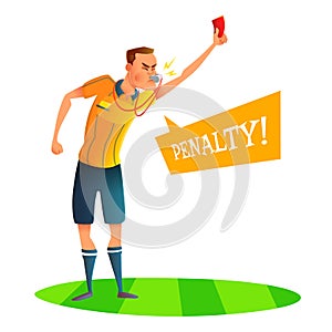 Cartoon soccer referee character design. Judge showing red card. Vector illustratio