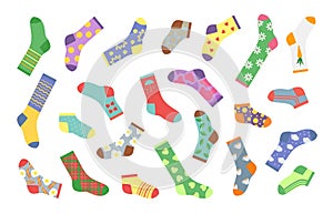 Cartoon socks. Bundle of socks with textures and patterns, winter clothing elements. Vector flat set of woolen and