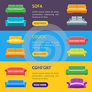 Cartoon Sofa or Divan Banner Horizontal Set. Vector