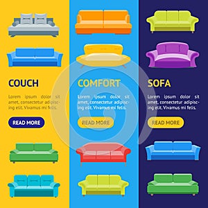 Cartoon Sofa or Divan Banner Vecrtical Set. Vector