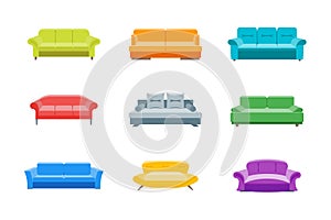 Cartoon Sofa or Divan Color Icons Set. Vector