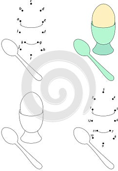 Cartoon soft-boiled egg and spoon. Coloring book and dot to dot