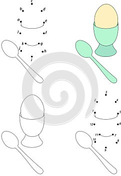 Cartoon soft-boiled egg and spoon. Coloring book and dot to dot photo