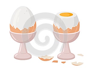 Cartoon soft or hard boiled eggs. Eggs in egg holder and eggshell, tasty breakfast meal flat vector illustration on white