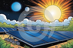 A cartoon of solar panels under the sun with clouds in the sky